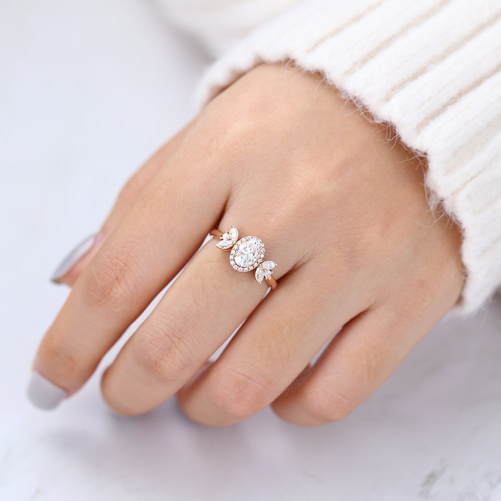 0.84 CT Oval Cluster Moissanite Engagement Ring