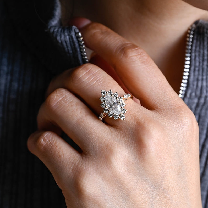 Stunning 1.0 - 2.0 CT Marquise Moissanite Engagement Ring with Pave & Hidden Halo Design 2