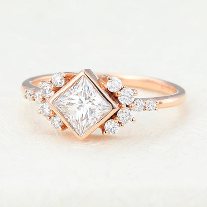 0.64 CT Princess Bezel & Cluster Moissanite Engagement Ring