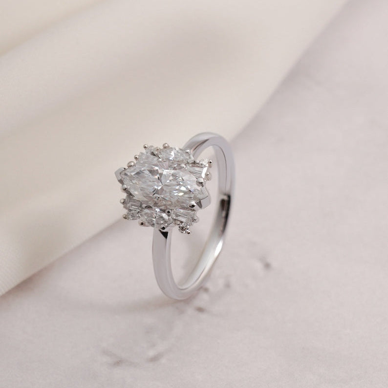 Stunning 1.0 - 2.0 CT Marquise Moissanite Engagement Ring with Cluster Design 10