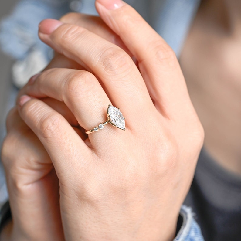 Stunning 1.0 - 2.0 CT Marquise Moissanite Engagement Ring with Hidden Halo Design 6