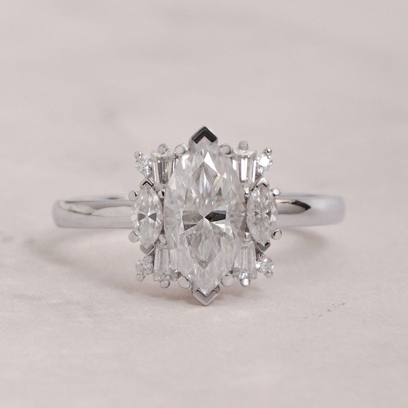 Stunning 1.0 - 2.0 CT Marquise Moissanite Engagement Ring with Cluster Design 1
