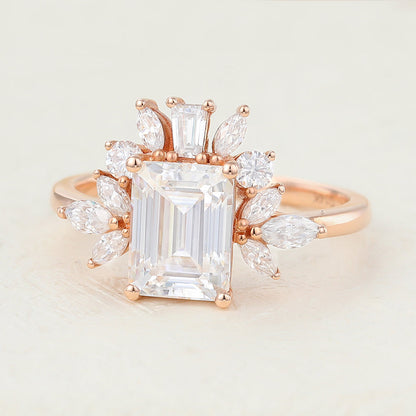 1.6 CT Emerald Cluster Moissanite Engagement Ring