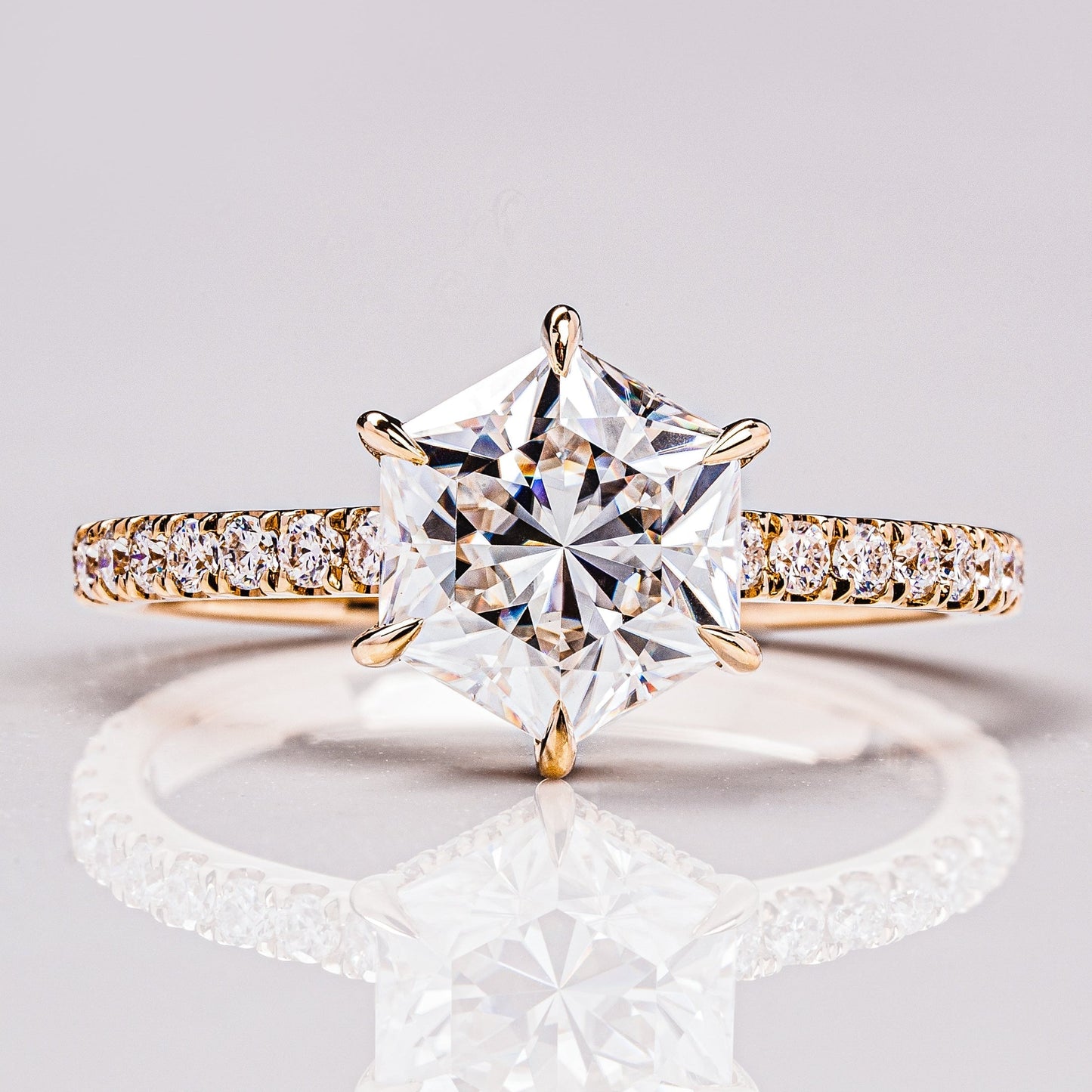 1.3 CT Hexagon Hidden Halo & Pave Moissanite Engagement Ring
