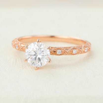 0.68 CT Round Milgrain Pave Moissanite Engagement Ring