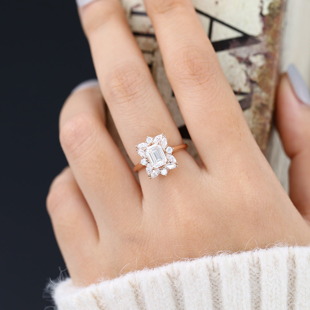 0.92 CT Emerald Cluster Moissanite Engagement Ring