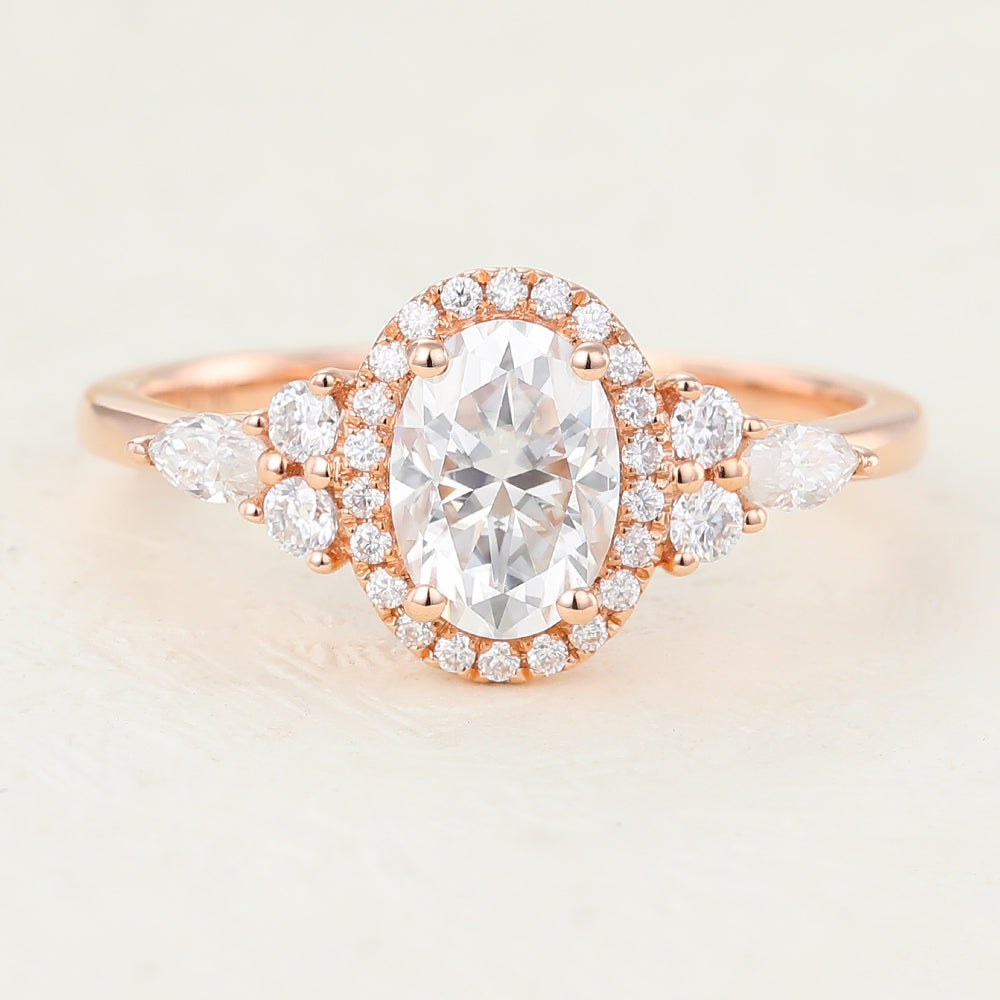 0.84 CT Oval Cluster Moissanite Engagement Ring