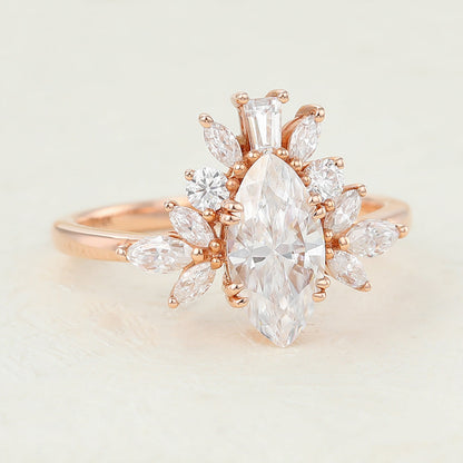 0.9 CT Marquise Cluster Moissanite Engagement Ring