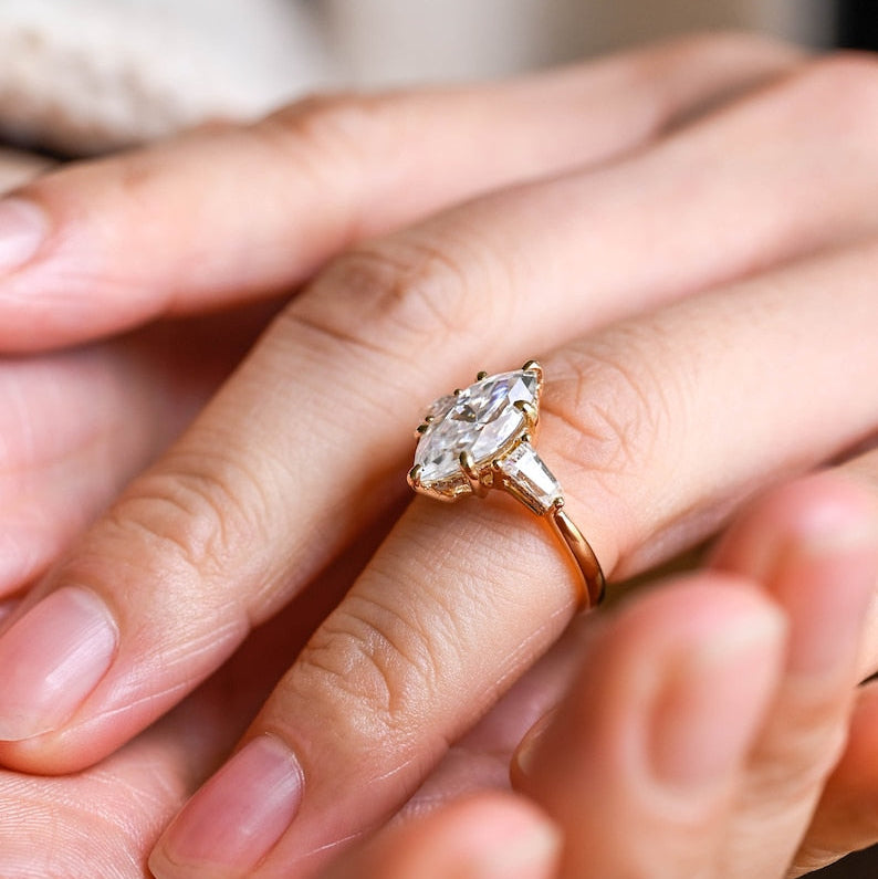 Stunning 1.0 - 2.0 CT Marquise Moissanite Engagement Ring with Three Stone and Hidden Halo Design 4