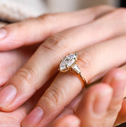 Stunning 1.0 - 2.0 CT Marquise Moissanite Engagement Ring with Three Stone and Hidden Halo Design 4