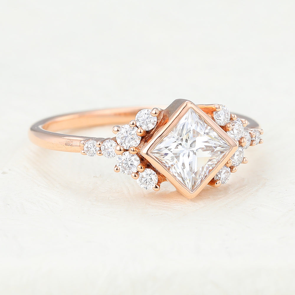 0.64 CT Princess Bezel & Cluster Lab-Grown Diamond Engagement Ring