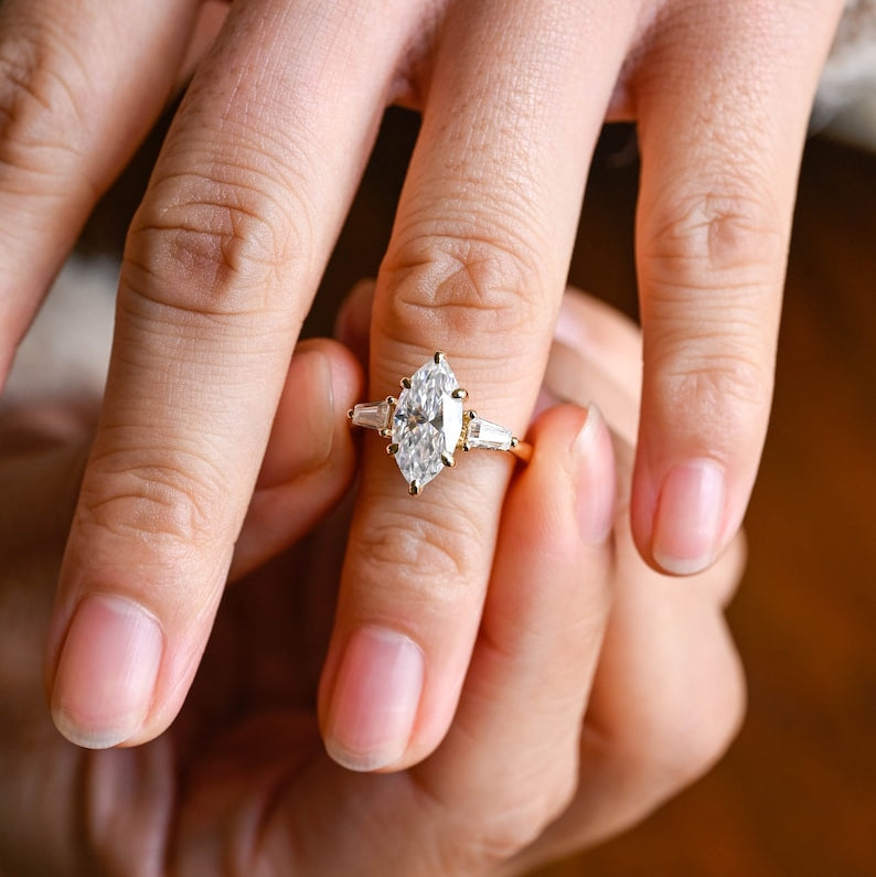 Stunning 1.0 - 2.0 CT Marquise Moissanite Engagement Ring with Three Stone and Hidden Halo Design 2