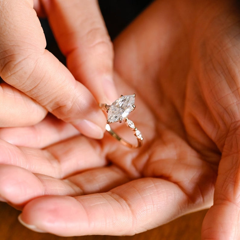 Stunning 1.0 - 2.0 CT Marquise Moissanite Engagement Ring with Pave & Hidden Halo Design 4