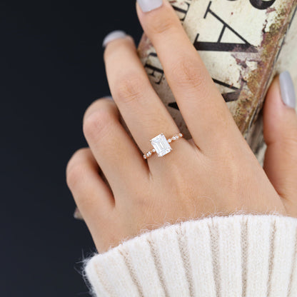 1.6 CT Emerald Milgrain Pave Moissanite Engagement Ring