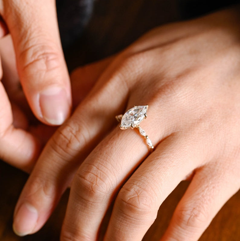 Stunning 1.0 - 2.0 CT Marquise Moissanite Engagement Ring with Pave & Hidden Halo Design 2